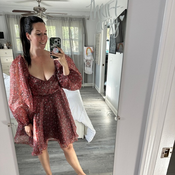 Selkie The Princess Mini Dress Long Puff Sleeves Crimson Floral Red Size Large - Picture 5 of 8